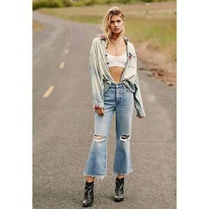 NEW Free People Ranger Denim Distressed Wide Leg Button Fly Jeans Big Sur 26